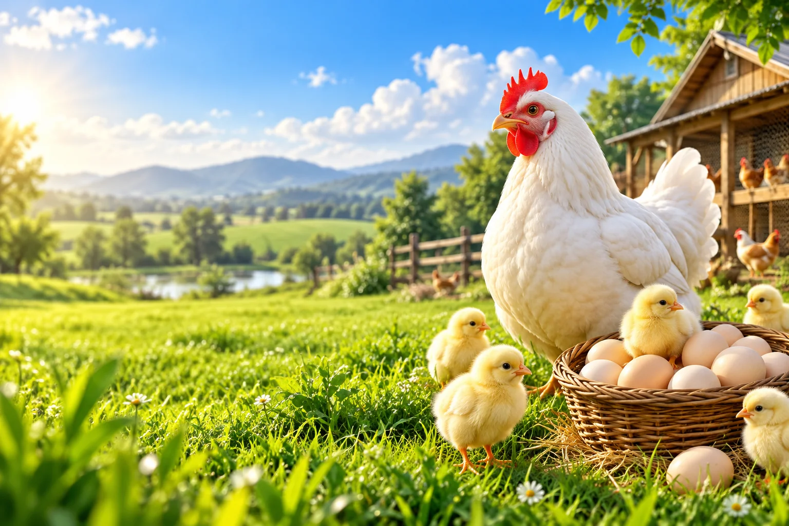 White hen, yellow chicks and a basket of fresh eggs on a sunny green farm